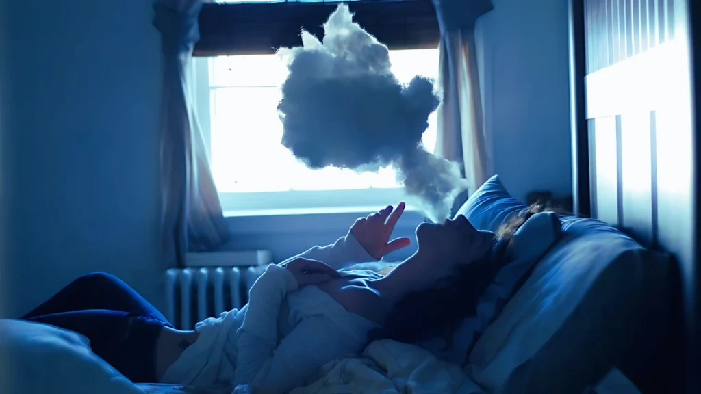 A woman lying in bed exhales a cloud, creating a surreal dreamlike scene.