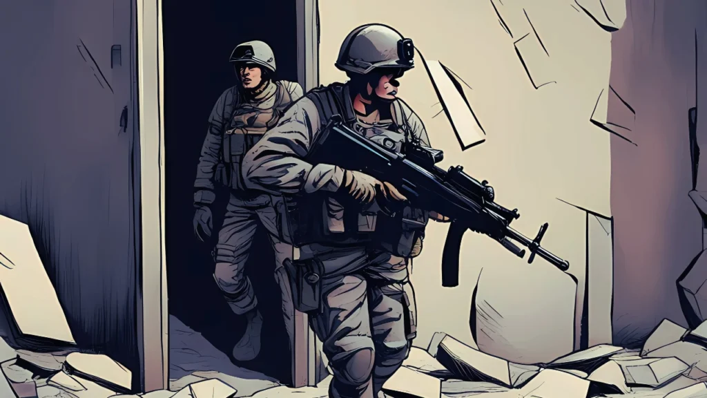 Two armed soldiers cautiously enter a damaged building