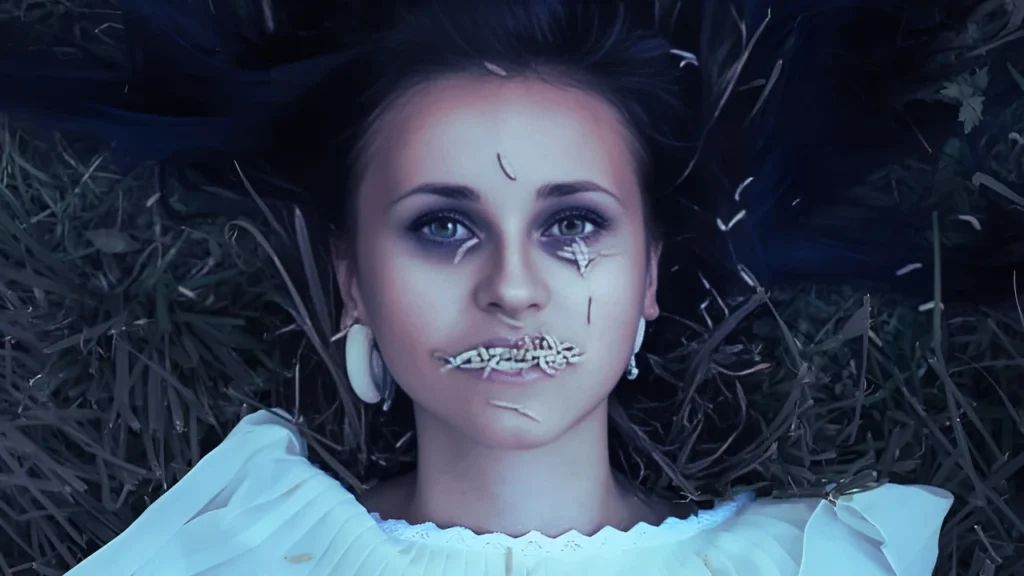 Woman with maggots on her face, eerie expression.