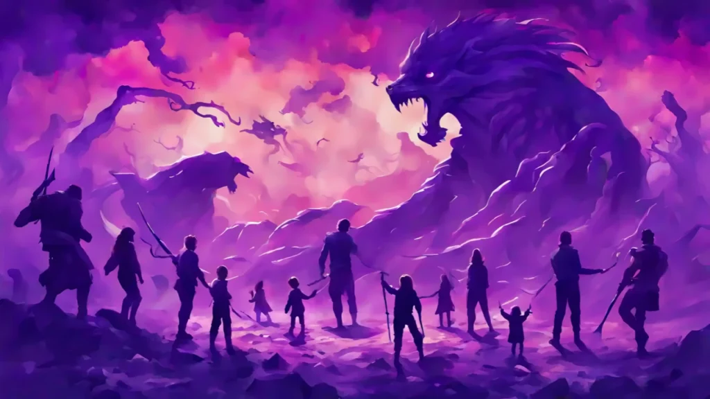 Brave heroes stand together against a towering monster.