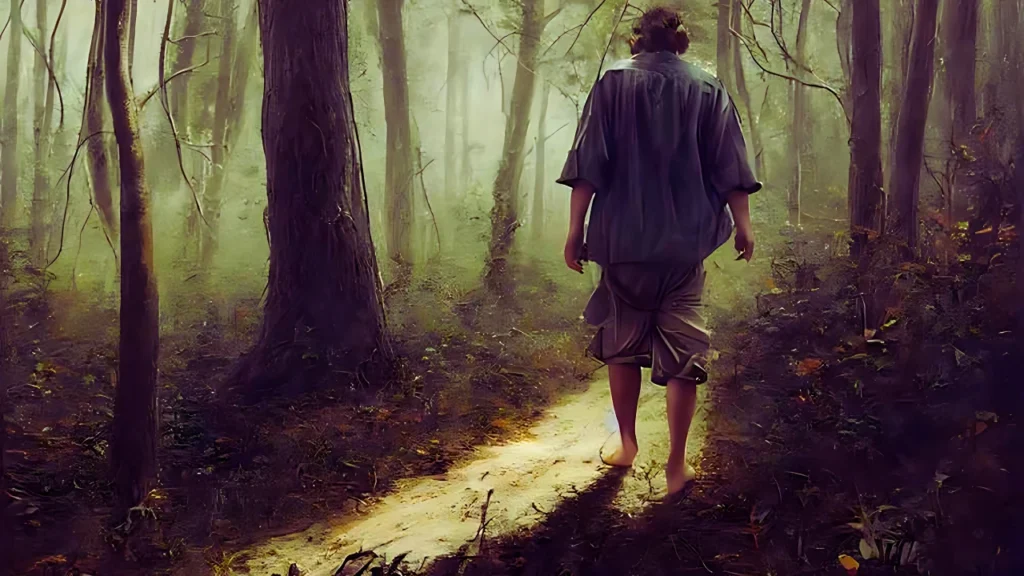 An old man is walking barefoot in forest