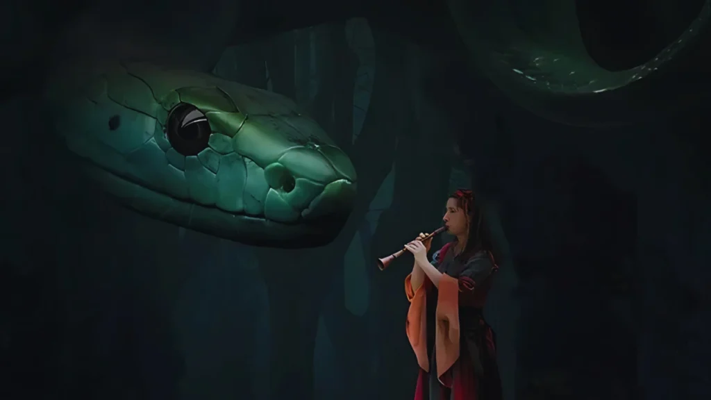 Women is tamming a snake